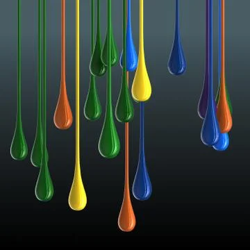 3D multicolor glossy paint drop blobs on black background Stock Illustration
