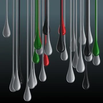 3D multicolor glossy paint drop blobs on black background Stock Illustration