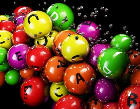3d multicolor Vitamine on a black background Stock Illustration