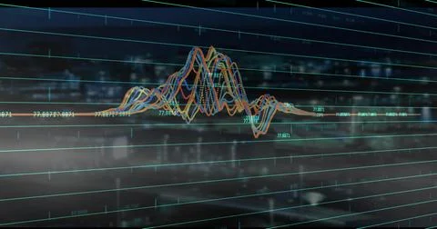 3D multicolored line graph undulating through grid display in office, with Stock Illustration