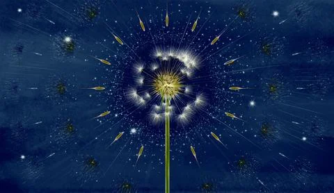3d mural interior wallpaper. One dandelion on deep blue turquoise watercolor Stock Illustration