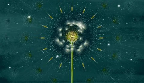 3d mural interior wallpaper. One dandelion on dark turquoise watercolor Stock Illustration