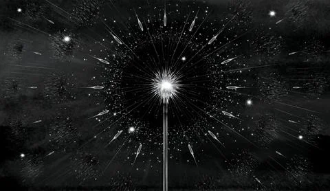 3d mural interior wallpaper. One dandelion on black watercolor background golden Stock Illustration
