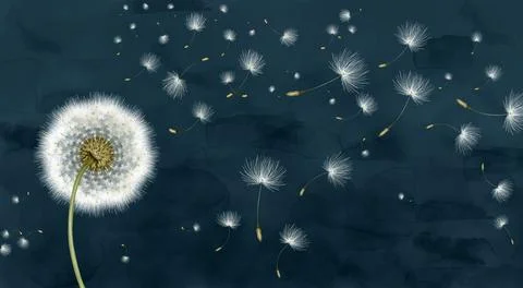 3d mural interior wallpaper. White painting dandelion and on blue watercolor Stock Illustration
