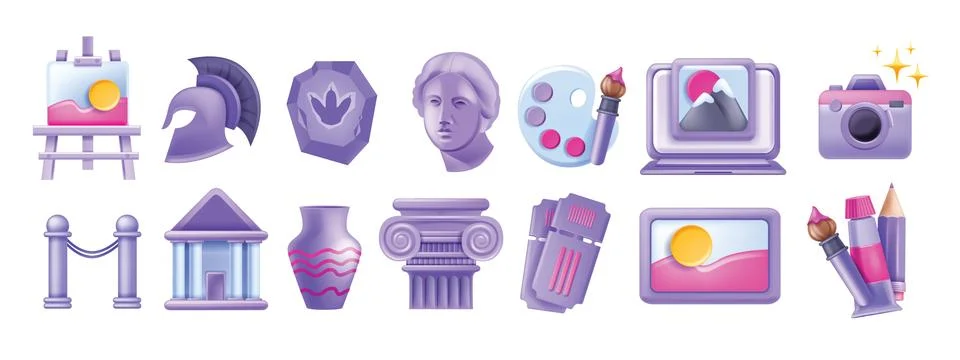 3D museum education icon vector set, art gallery historical sign Stock Illustration