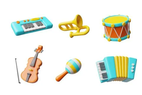 3D musical instruments set, synthesizer, drum, violin, trumpet, accordion Stock Illustration