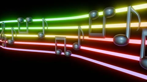 3d musical notes drifting along glowing, colorful staff lines Stock Illustration