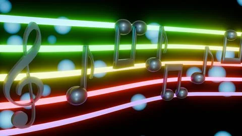 3d musical notes drifting along glowing, colorful staff lines Stock Illustration