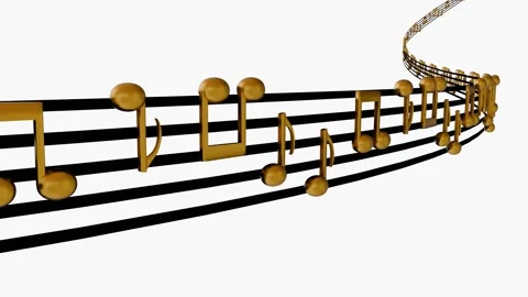 3D musical notes scroll along black staff lines on a clean white background Video stock 342029643