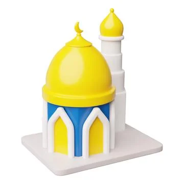 3d muslim mosque icon, with tower, yellow roofs, crescent, white and blue facade Stock Illustration