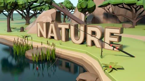 3D Nature Low poly land scene with popup trees and rocks. Stock Illustration