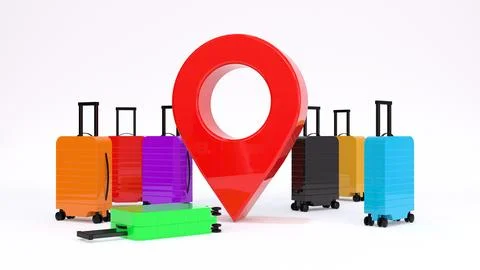 3D navigation pin pointer mark location with suitcasses. Tourism trip plann.. Stock Illustration