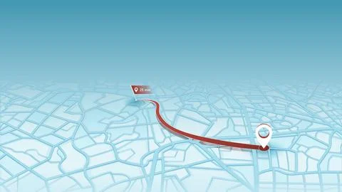 3D Navigation Route on Stylized City Map with Travel Time Indicator and Stock Illustration