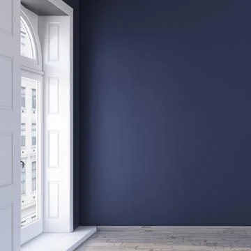 3d navy blue wall mockup design in an empty room with wooden floor and window. Stock Illustration