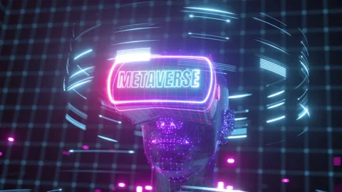 3d neon animation. Human head with virtual reality device. Metaverse simulation Stock Footage 170018644