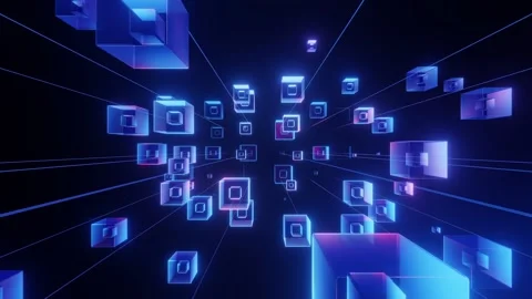 3D Neon Blue Pink Floating Cubes with Perspective Grid on Dark Background Stock Footage 335642822