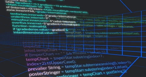 3D neon blue wireframe grid converging toward horizon, overlaying multicolor JS Stock Footage 309145919