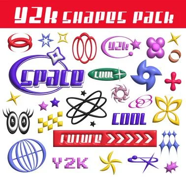 3D neon colored objects set in Y2K style: planets, hearts, stars, flower Stock Illustration