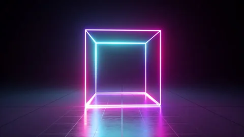 3d neon cube changes colors from pink to blue, spins and rotates in the dark Stock Footage 143913202