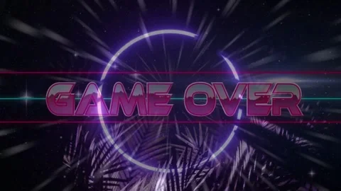 3D neon GAME OVER gaming title zooming in, causing ring pulse, sliding Stock Footage 333233729