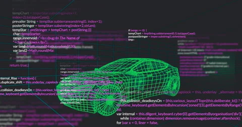 3D neon green wireframe sedan floating over dark code scene, showing teal grid Stock Footage 309145274
