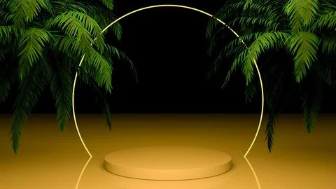 3d neon podium background. Colored blank display with tropical neon palms. Cyber Stock Illustration