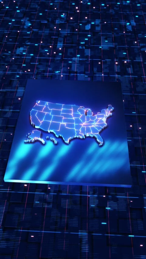 3D Neon USA State Map on Futuristic Digital Technology Platform Stock Footage 342617591