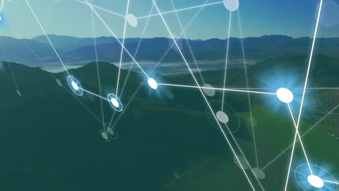 3D net overlay emerging from left or top edges, nodes moving inward, linking to Stock Footage 334352087