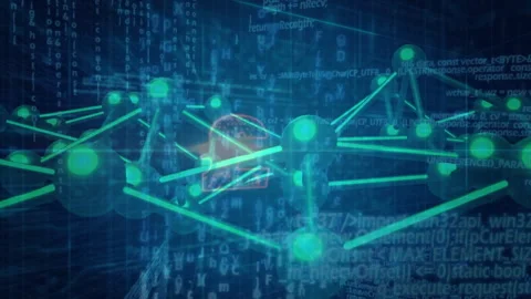 3D network appearing triggers nodes rotating and pulse tracing rods forming red Stock Footage 314741872