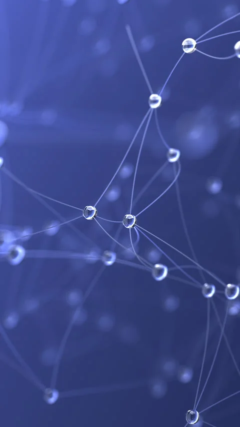 3D network with dewdrop-like nodes on blue background. Video stock 313288889