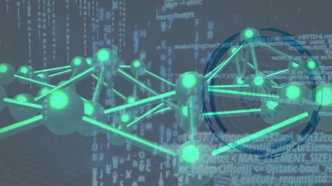 3D network floating above dark grid, displaying glowing green nodes linking Stock Footage 309095692