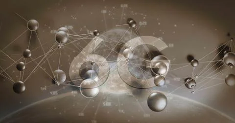 3D network floating over planet horizon, with faint 6G overlay and spheres Stock Photos