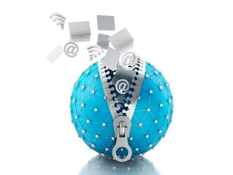 3d Network globe with zipper. Network Communications concept. 스톡 일러스트