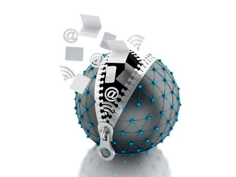 3d Network globe with zipper. Network Communications concept. 库存插图