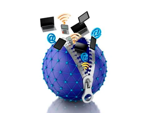 3d Network globe with zipper. Network concept. 스톡 일러스트