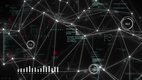 3D network mesh receiving telemetry and updating nodes, HUD gauges appearing, Stock Footage 334337947