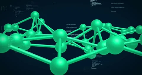 3D network pulsing while camera orbiting, revealing clusters and shifting code Stock Footage 331789957