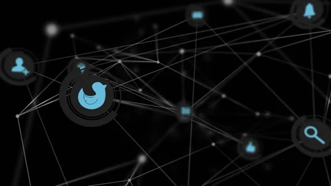 3D network rotating as virtual camera gliding, social UI icons pulsing to Stock Footage 331712903