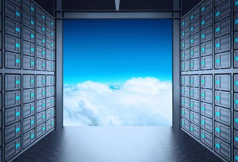 3d network server room and cloud outside as concept Stock Illustration