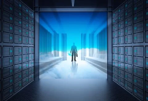 3d network server room and cloud outside as concept Stock Illustration