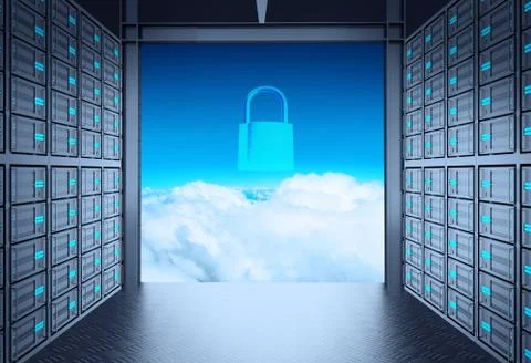 3d network server room and cloud outside as concept Illustrazione stock