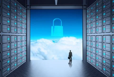 3d network server room and cloud outside as concept Illustrazione stock