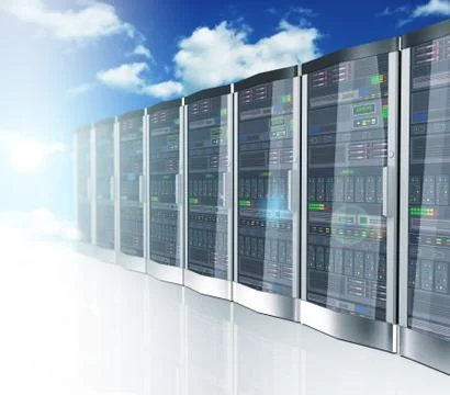 3d network servers datacenter and sky cloud background Stock Illustration
