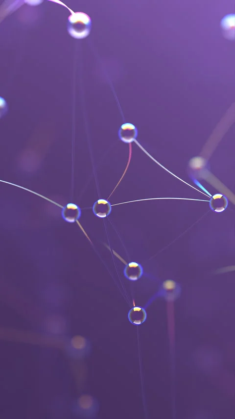 3D network of soap bubble-like spheres linked by lines on a purple background. Stock Footage 315969532