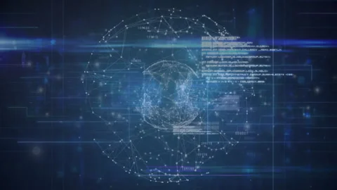 3D network sphere being visualized in virtual interface, displaying code blocks Stock Footage 307857558