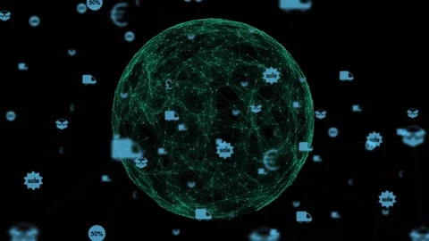3D network sphere pulsing and rotating making commerce icons orbiting Stock Footage 317659937