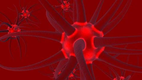 3D neuron cells network structure with glowing impulse on red background. 3D  Stock Illustration