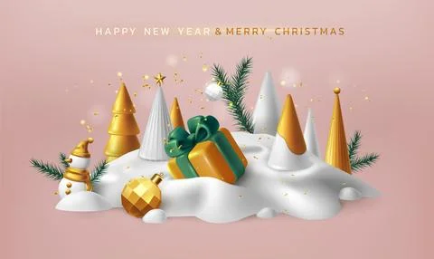 3D New Year background. Merry Christmas fir tree. Gift box. Winter celebratio Stock Illustration
