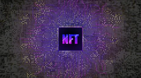 3d NFT image. Blockchain Non Fungible Token idea. Computer chip NFT on digital Stock Illustration