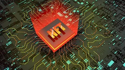 3d NFT image. Blockchain Non Fungible Token idea. Computer chip NFT on digital Stock Illustration
